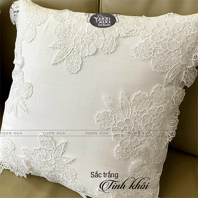Vỏ Gối sofa nhà VƯỜN XƯA hoạ tiết ren thêu hoa màu trắng sang trọng, kích thước 45*45cm