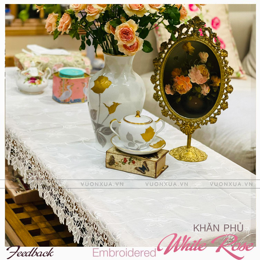 Khăn trải bàn màu trắng (Khăn phủ đàn piano), thêu Hoa Hồng VƯỜN XƯA, KBWR-E
