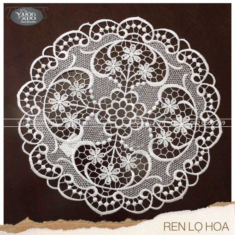 Khăn lọ hoa ren chỉ màu trắng VƯỜN XƯA đường kính 30cm KRLH-H