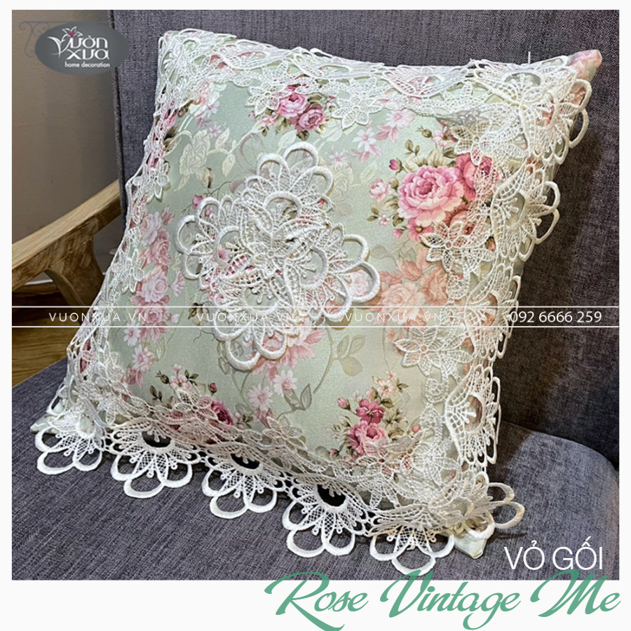 Vỏ gối tựa lưng sofa VƯỜN XƯA Hoa Hồng Vintage đẹp thanh lịch KBRVM