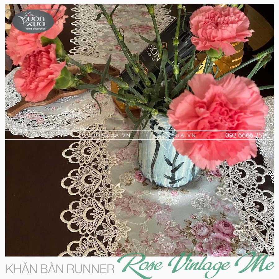 Khăn trải bàn VƯỜN XƯA Hoa Hồng Vintage đẹp thanh lịch Table runner KBRVM