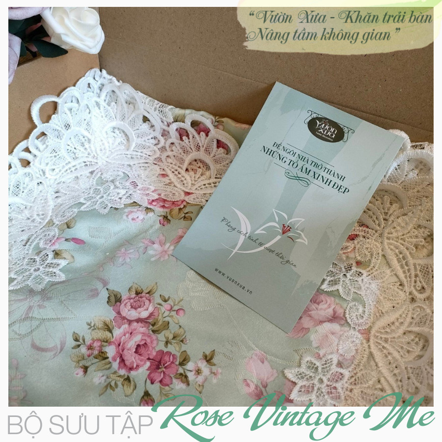 Khăn Runner trải giữa bàn Hoa Hồng vintage, mix khăn theo phong cách VƯỜN XƯA