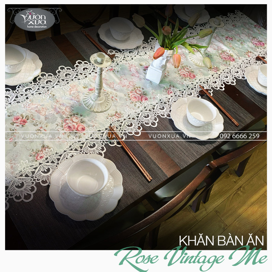 Khăn trải bàn VƯỜN XƯA Hoa Hồng Vintage đẹp thanh lịch Table runner KBRVM