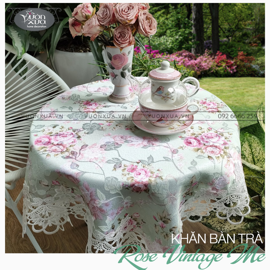 Khăn trải bàn vuông bàn tròn VƯỜN XƯA Hoa Hồng Vintage đẹp thanh lịch KBRVM