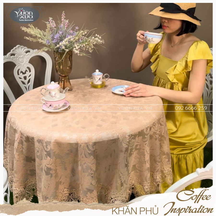 Khăn trải bàn tròn VƯỜN XƯA vải ren mềm màu be nâu cafe KBCI