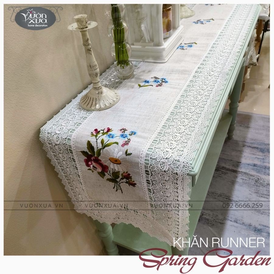 Khăn trải bàn kệ, tủ, khăn thêu hình hoa hồng hoa cúc VƯỜN XƯA