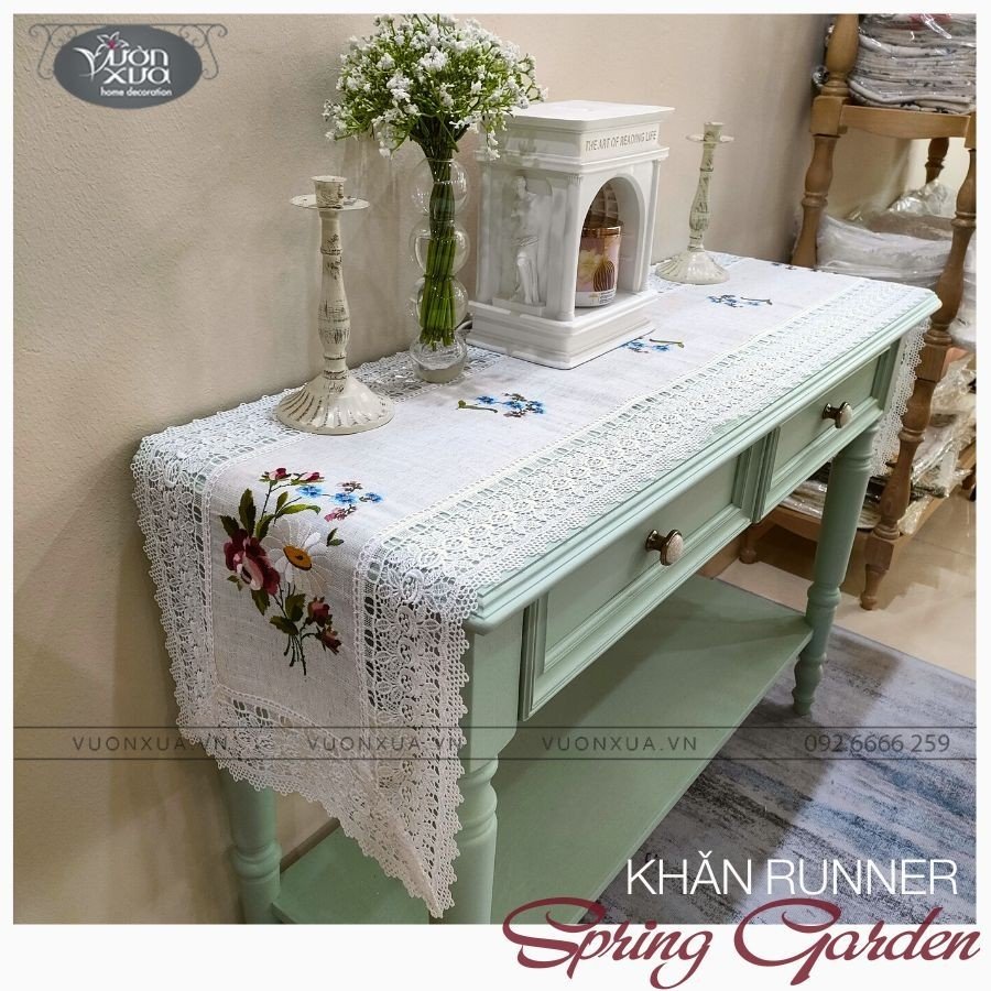 Khăn trải bàn kệ, tủ, khăn thêu hình hoa hồng hoa cúc VƯỜN XƯA