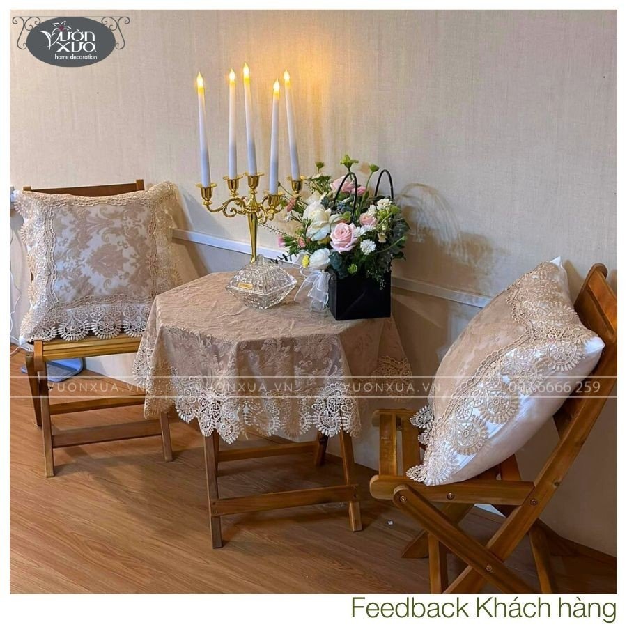 Khăn trải bàn balcony ngoài trời, vải ren mềm màu be nhà VƯỜN XƯA