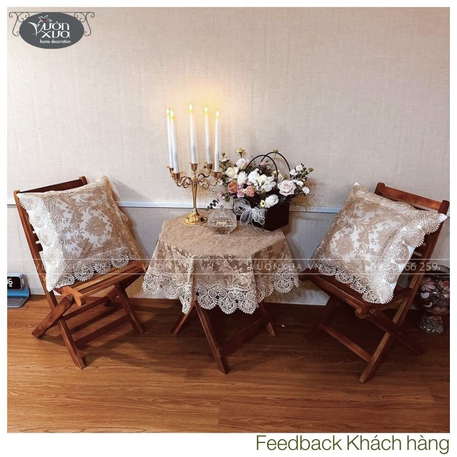 Khăn trải bàn balcony ngoài trời, vải ren mềm màu be nhà VƯỜN XƯA