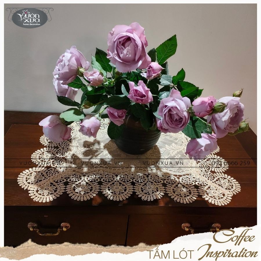 Set 6 Tấm lót đĩa khăn ăn VƯỜN XƯA vải ren mềm màu be nâu cafe (COMBO 6 SALE) KBCI-30*45cm