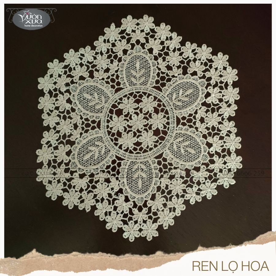 Khăn lót lọ hoa ren chỉ lục giác màu be VƯỜN XƯA đường kính 30cm, KRLH-A