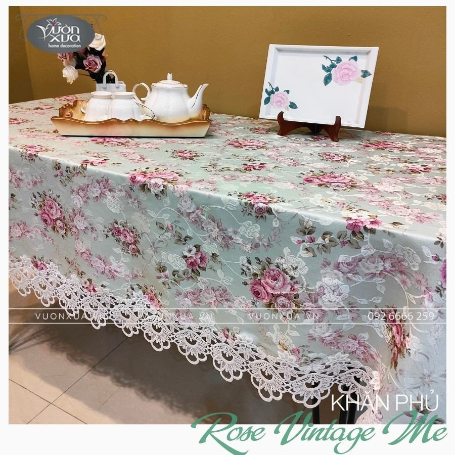 Khăn trải bàn chữ nhật VƯỜN XƯA Hoa Hồng Vintage đẹp thanh lịch KBRVM