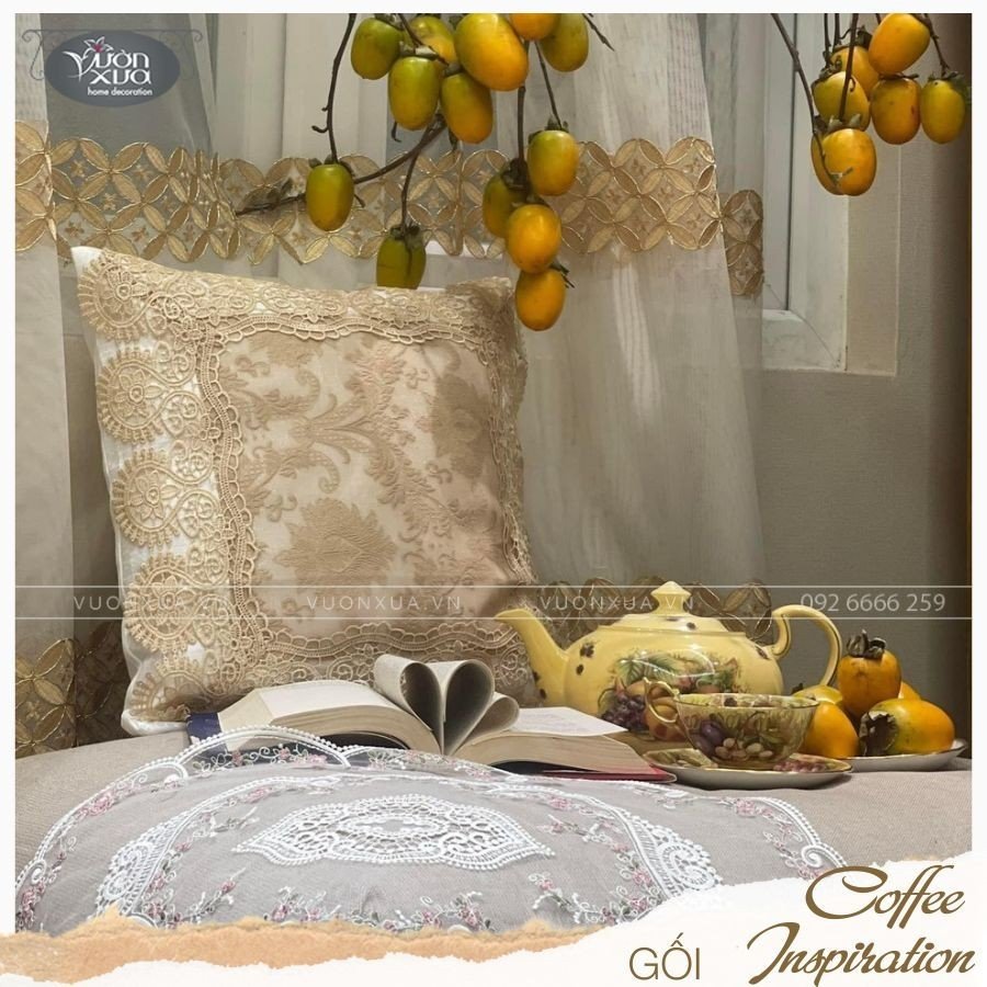 Vỏ gối tựa lưng sofa VƯỜN XƯA vải ren màu be nâu cafe KBCI-45*45cm