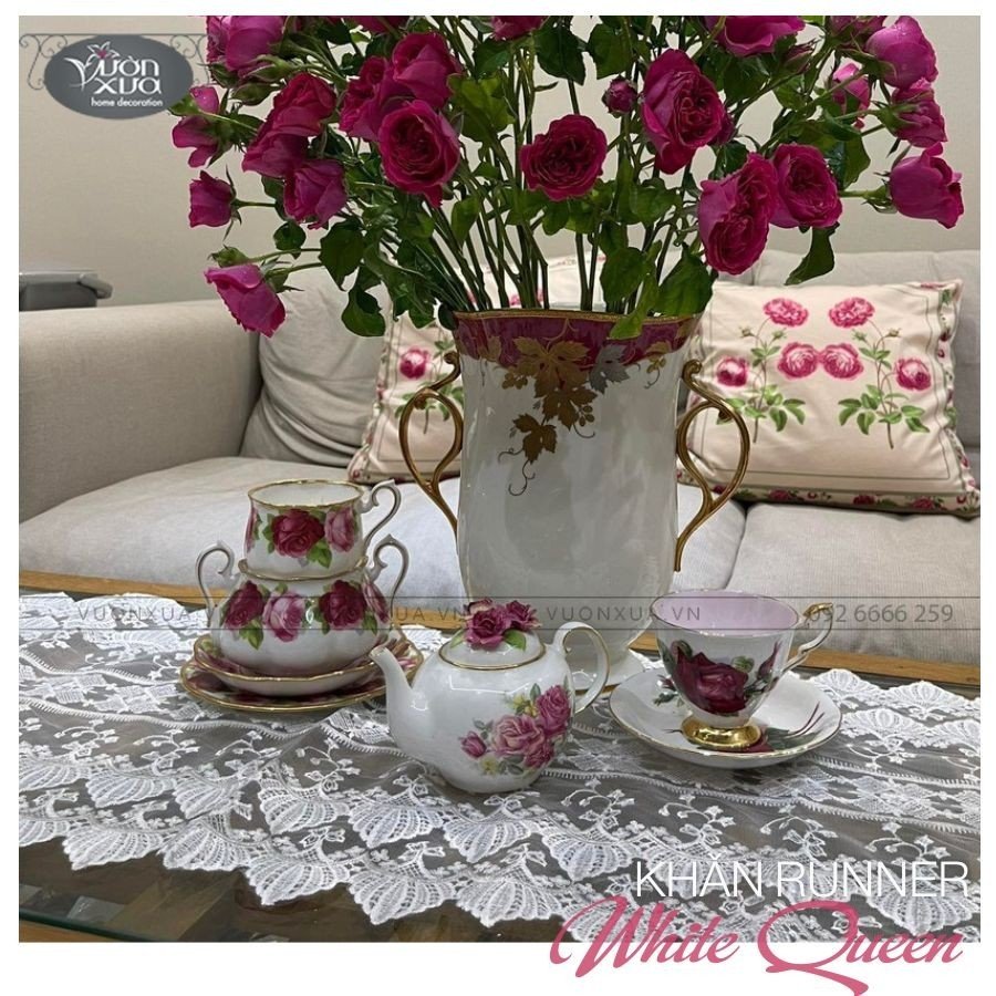 Khăn trải kệ, khăn trải tủ decor vải ren trắng phong cách Châu Âu