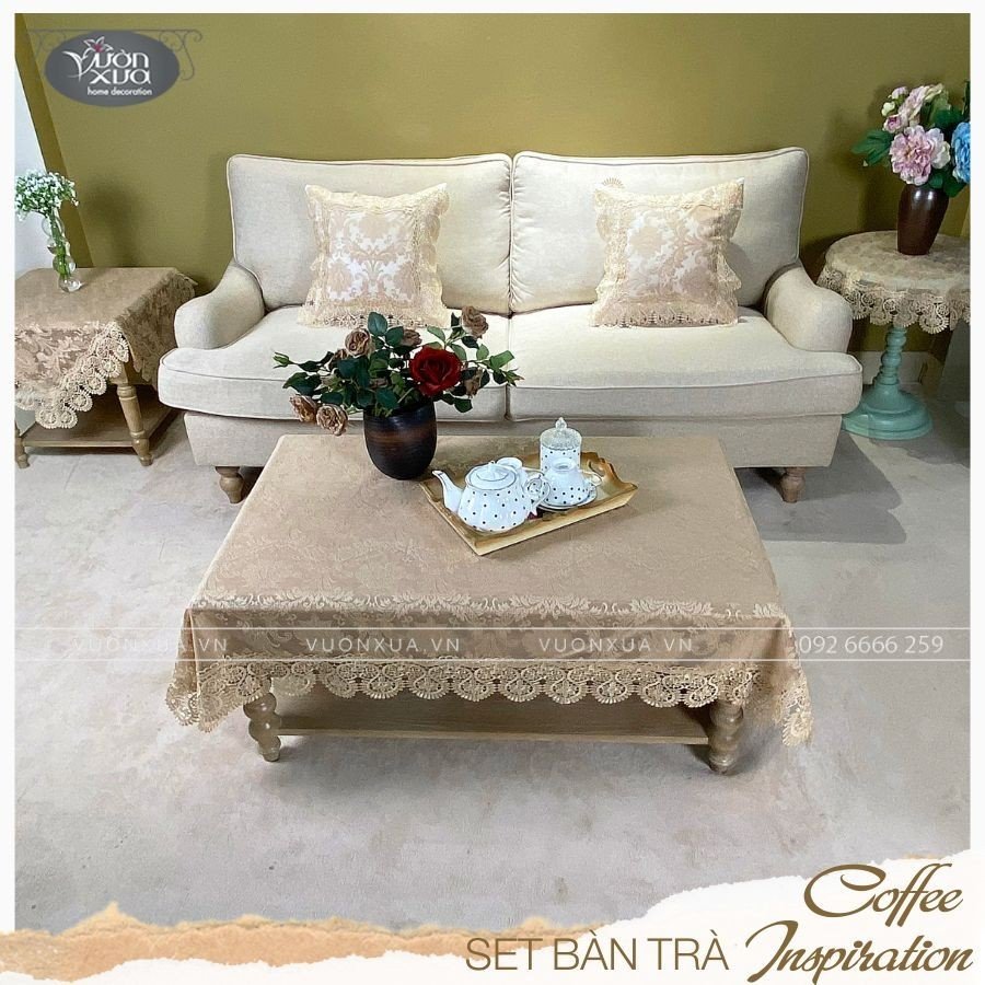 Khăn trải bàn vuông VƯỜN XƯA vải ren mềm màu be nâu cafe KBCI
