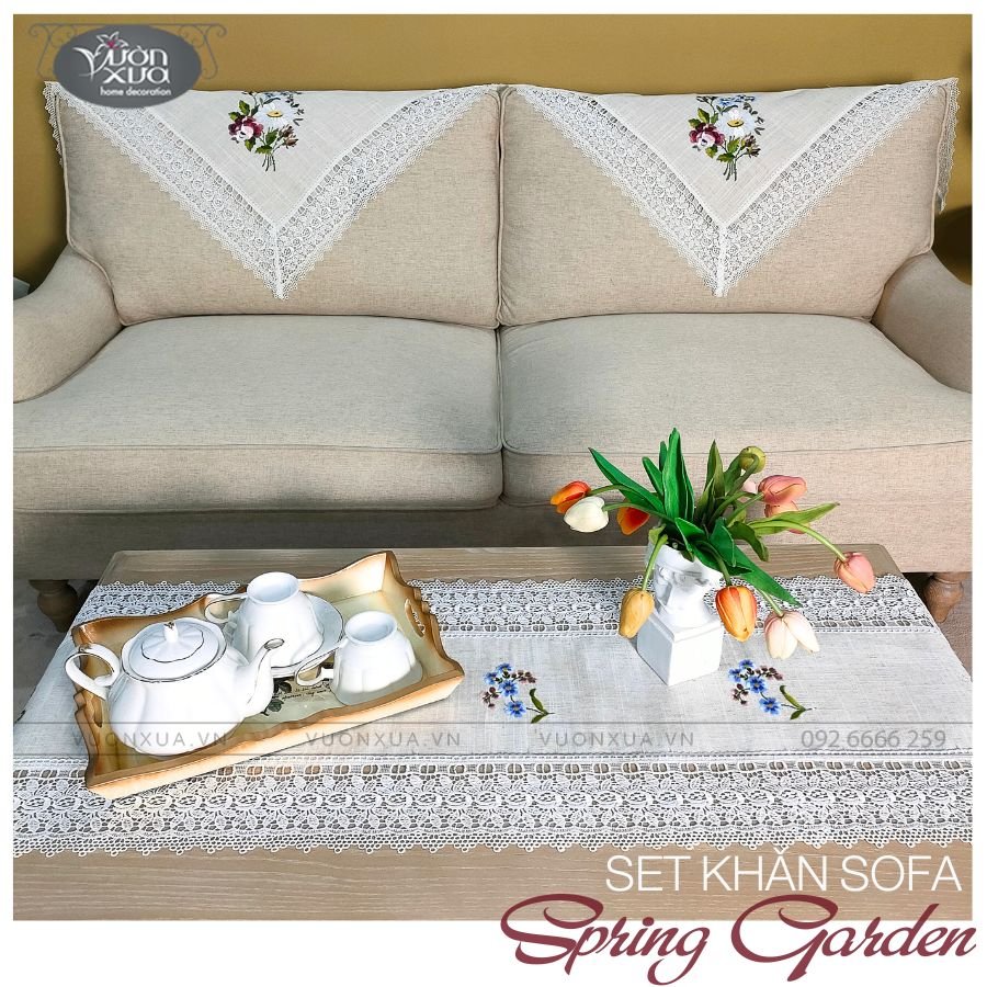 COMBO set 3 Khăn phủ ghế sofa, khăn phủ bàn trà thêu hoa hồng, hoa cúc VƯỜN XƯA, KBSG-SOFA