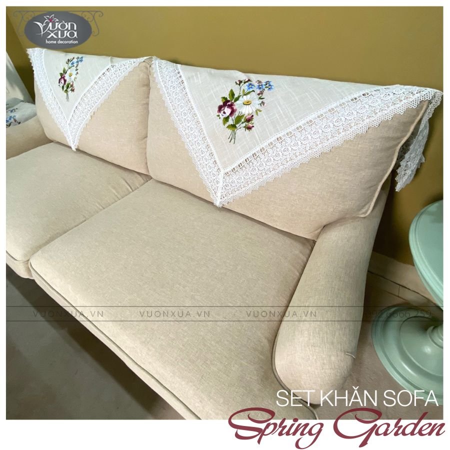COMBO set 3 Khăn phủ ghế sofa, khăn phủ bàn trà thêu hoa hồng, hoa cúc VƯỜN XƯA, KBSG-SOFA