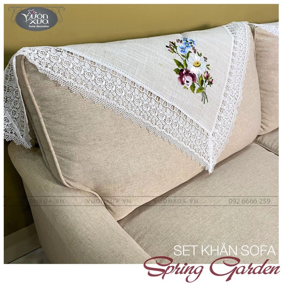 COMBO set 3 Khăn phủ ghế sofa, khăn phủ bàn trà thêu hoa hồng, hoa cúc VƯỜN XƯA, KBSG-SOFA