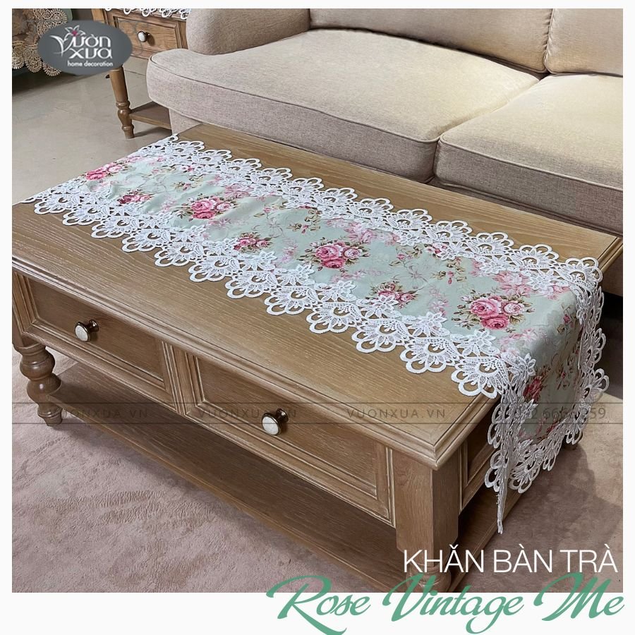 Khăn trải bàn phòng khách, vỏ gối hoa hồng vân lụa đẹp đồng bộ VƯỜN XƯA