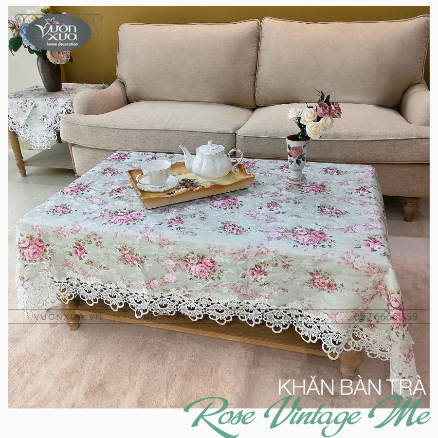 Khăn trải bàn chữ nhật VƯỜN XƯA Hoa Hồng Vintage đẹp thanh lịch KBRVM