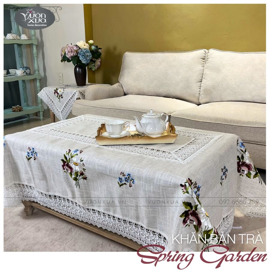 Khăn trải bàn VƯỜN XƯA thêu hoa mùa xuân Hoa Hồng Hoa Cúc KBSG