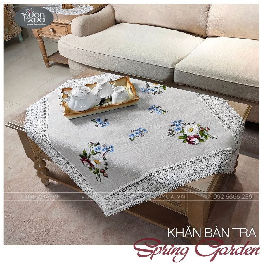 Khăn trải bàn thêu hình hoa hồng hoa cúc, mix khăn theo phong cách VƯỜN XƯA