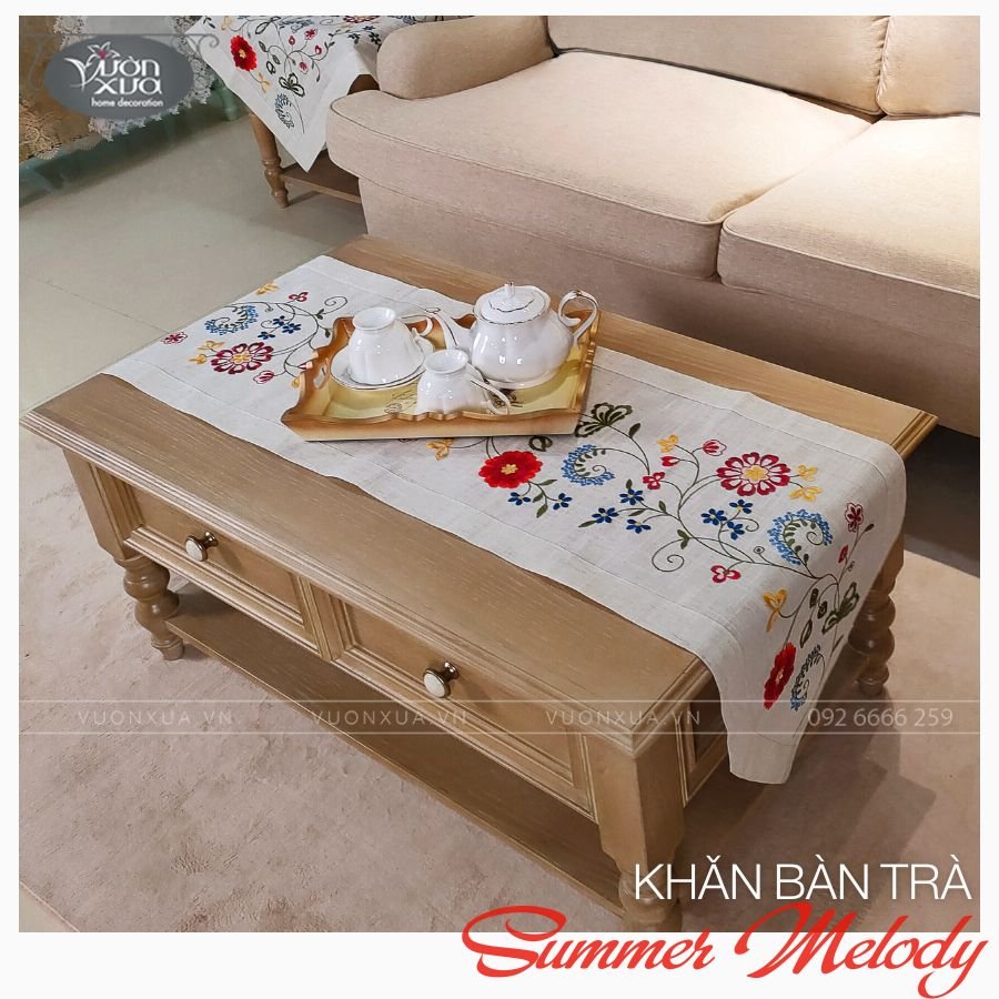 Khăn runner trải bàn trà, vỏ gối thêu hoa đồng bộ (ngày tết) VƯỜN XƯA