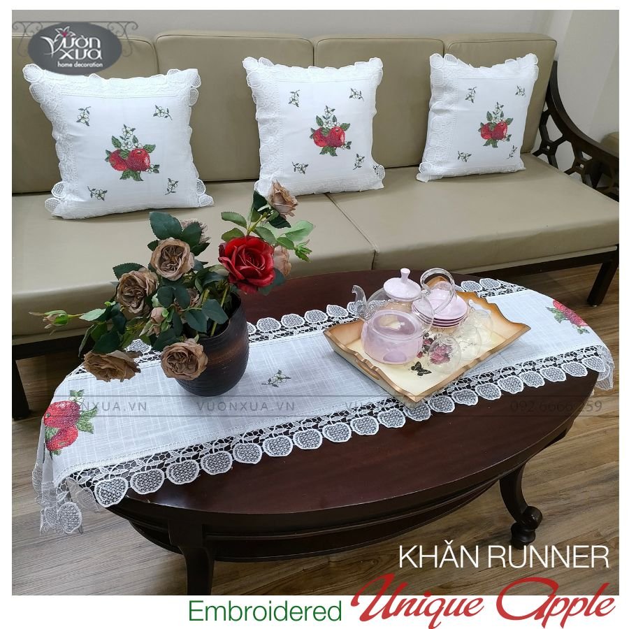 Khăn trải bàn trà, vỏ gối thêu Quả Táo Đỏ điểm xuyết hoa Cúc Chi, đẹp đồng bộ