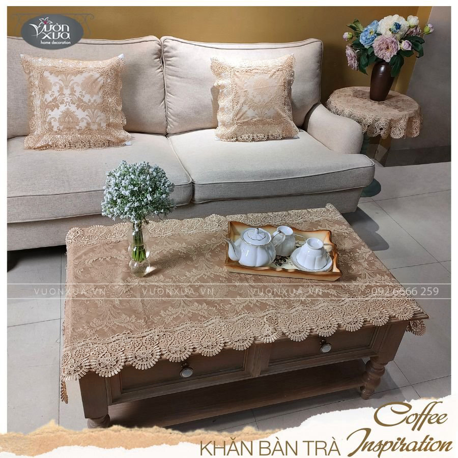 Khăn trải bàn phòng khách, vỏ gối vải ren mềm màu be đẹp đồng bộ