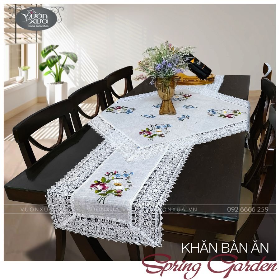 Khăn trải bàn thêu hoa mùa Xuân đẹp theo phong cách Vườn Xưa, KBSG-RV2