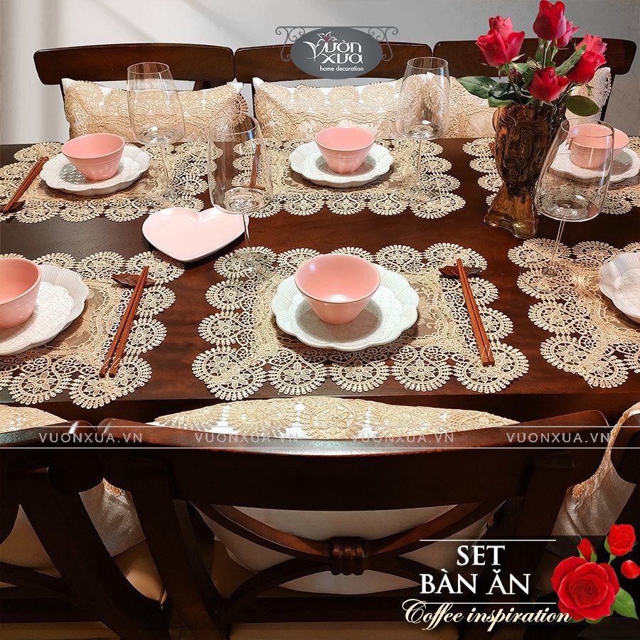 Set 6 Tấm lót đĩa khăn ăn VƯỜN XƯA vải ren mềm màu be nâu cafe (COMBO 6 SALE) KBCI-30*45cm