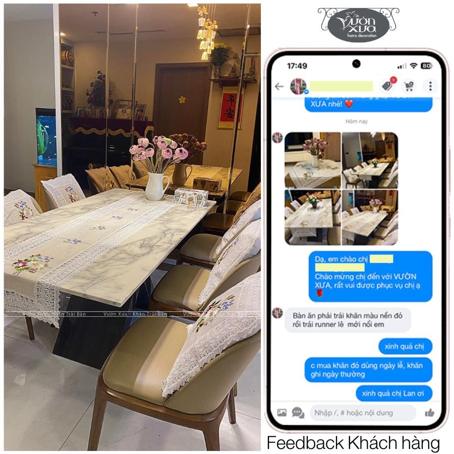 Khăn trải bàn kệ, tủ, khăn thêu hình hoa hồng hoa cúc VƯỜN XƯA