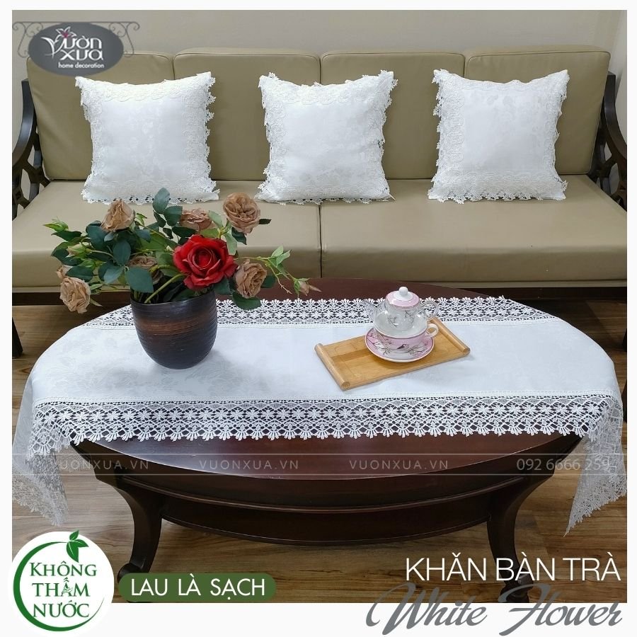 Khăn trải bàn màu trắng không thấm nước VƯỜN XƯA chống thấm KBWF
