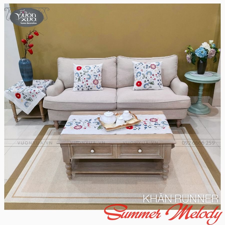 Khăn runner trải bàn trà, vỏ gối thêu hoa đồng bộ (ngày tết) VƯỜN XƯA