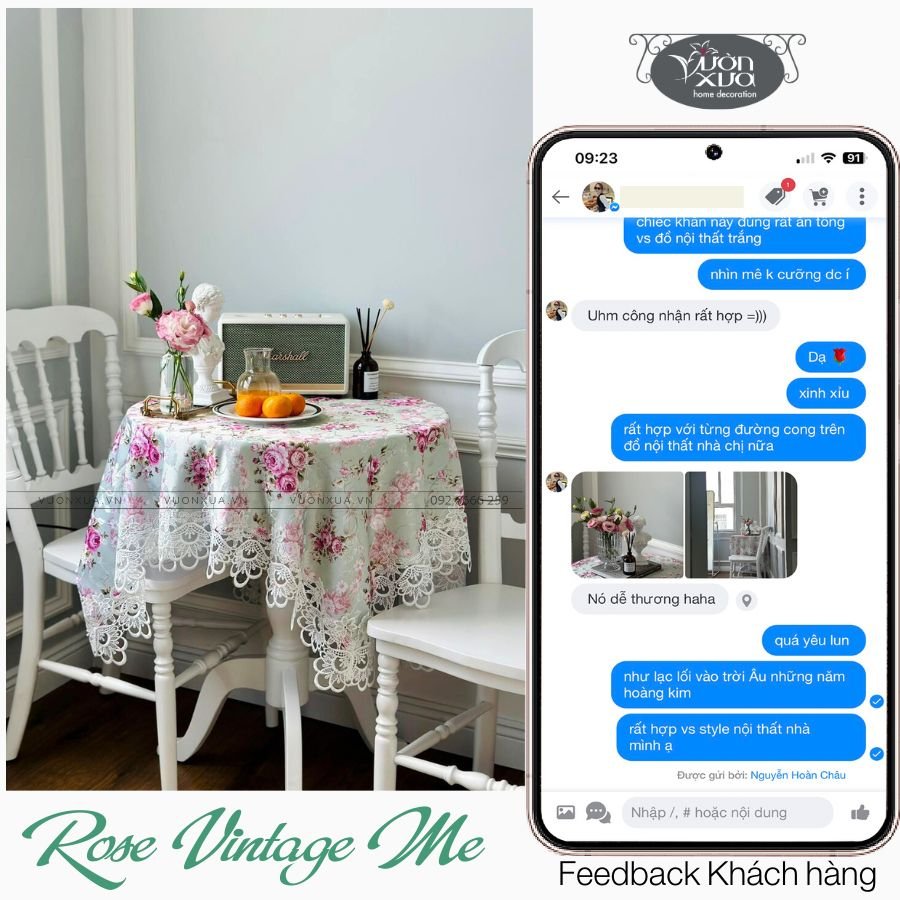 Khăn trải bàn vuông bàn tròn VƯỜN XƯA Hoa Hồng Vintage đẹp thanh lịch KBRVM