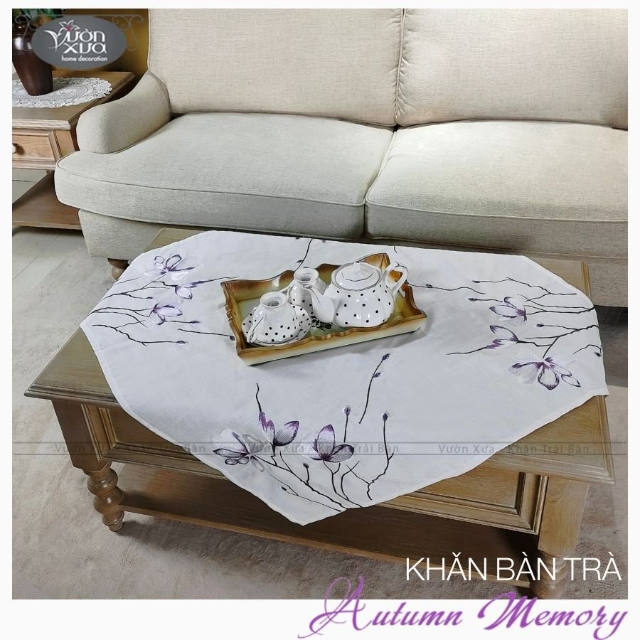 Khăn trải bàn tròn, khăn phủ bàn thêu cành hoa Lan tím VƯỜN XƯA