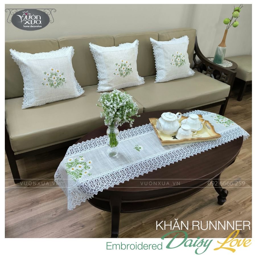 Khăn trải bàn trà, vỏ gối đồng bộ thêu Hoa Cúc Chi đẹp thanh nhã