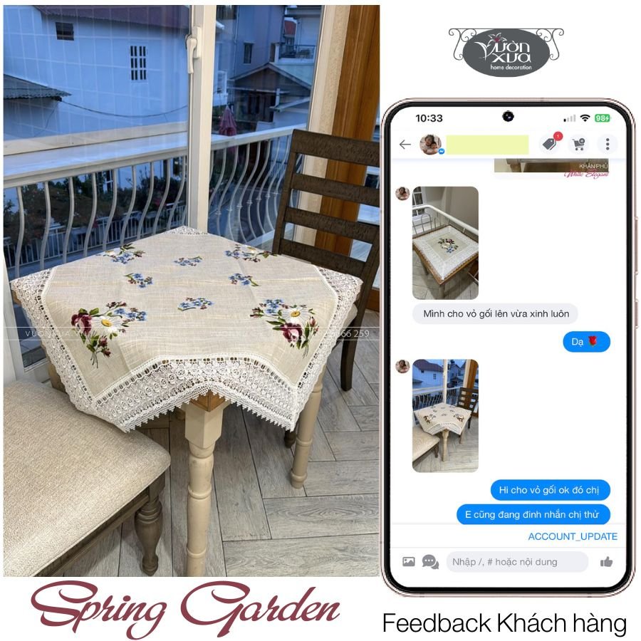 Khăn trải bàn vuông, bàn góc Sofa, khăn thêu hình hoa hồng hoa cúc VƯỜN XƯA