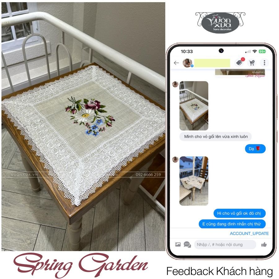 Khăn trải bàn vuông, bàn góc Sofa, khăn thêu hình hoa hồng hoa cúc VƯỜN XƯA