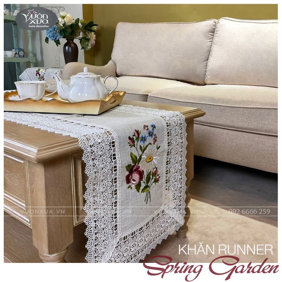 COMBO set 3 Khăn phủ ghế sofa, khăn phủ bàn trà thêu hoa hồng, hoa cúc VƯỜN XƯA, KBSG-SOFA