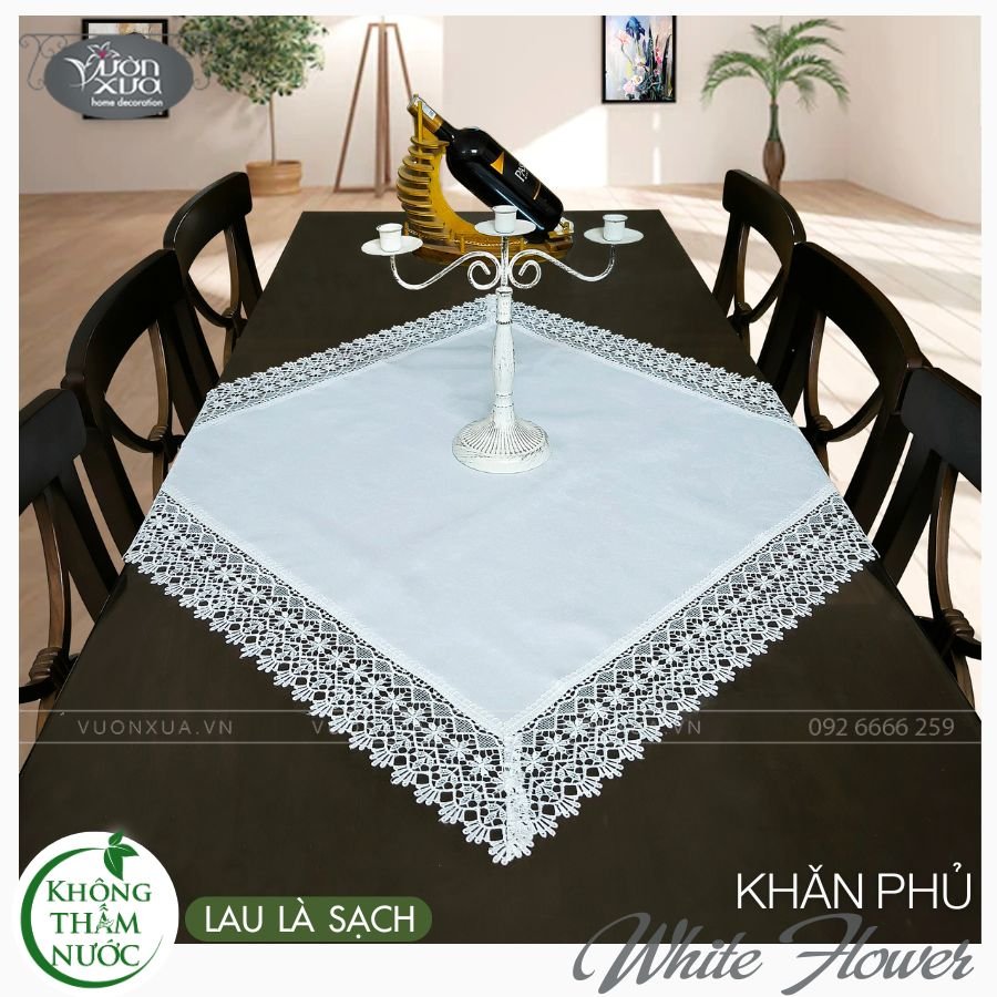 Khăn trải bàn vuông màu trắng hoa chìm, CHỐNG NƯỚC, CHỐNG THẤM