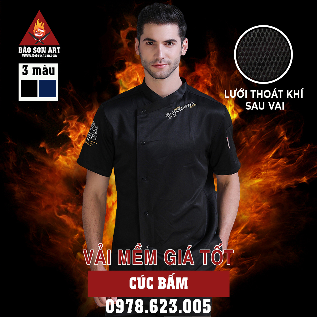 [CT04] ÁO BẾP NGẮN TAY MÀU ĐEN VẢI KAKI LỤA - SHORT SLEEVE BLACK CHEF JACKET IN SILK KAKI FABRIC