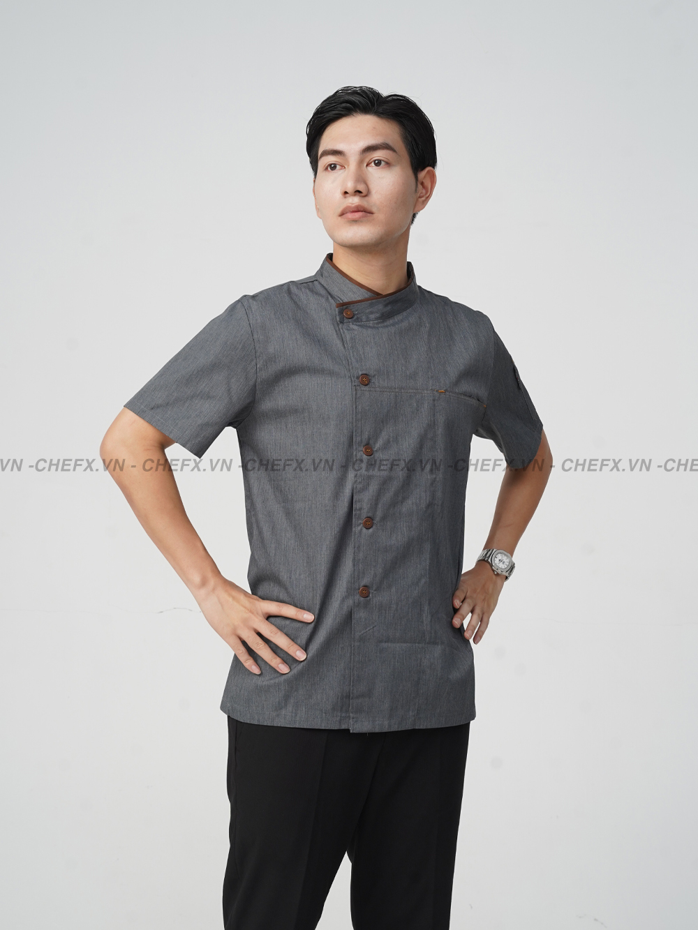 [AN3] Áo Bếp ngắn tay cúc cài, vải mềm mát, không xù lông - CHEF X Kitchen Uniform