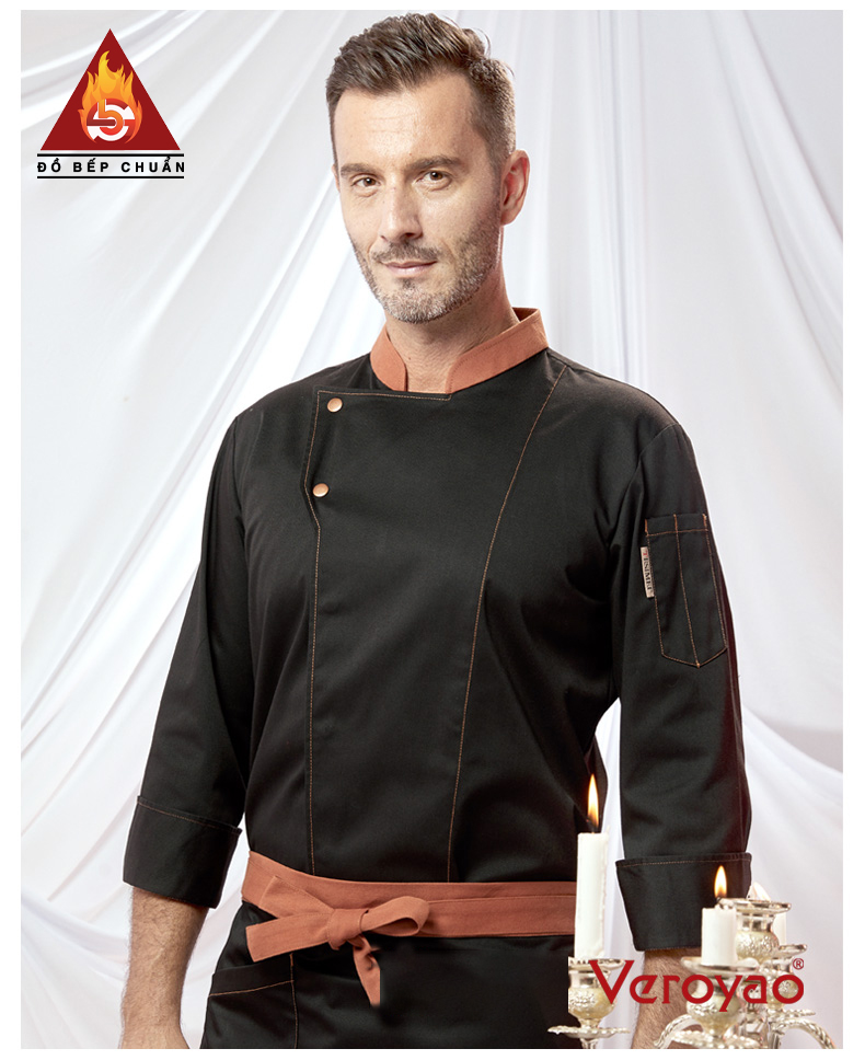 ÁO BẾP DÀI TAY TD012 CỔ TÀU CÚC BẤM