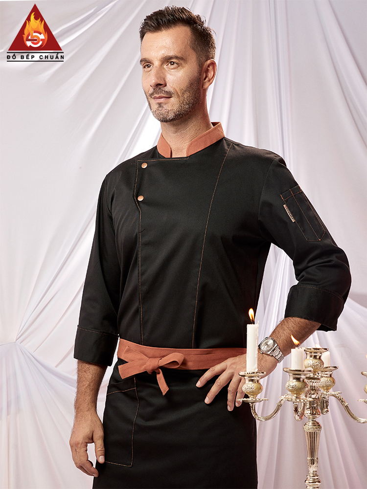 ÁO BẾP DÀI TAY TD012 CỔ TÀU CÚC BẤM