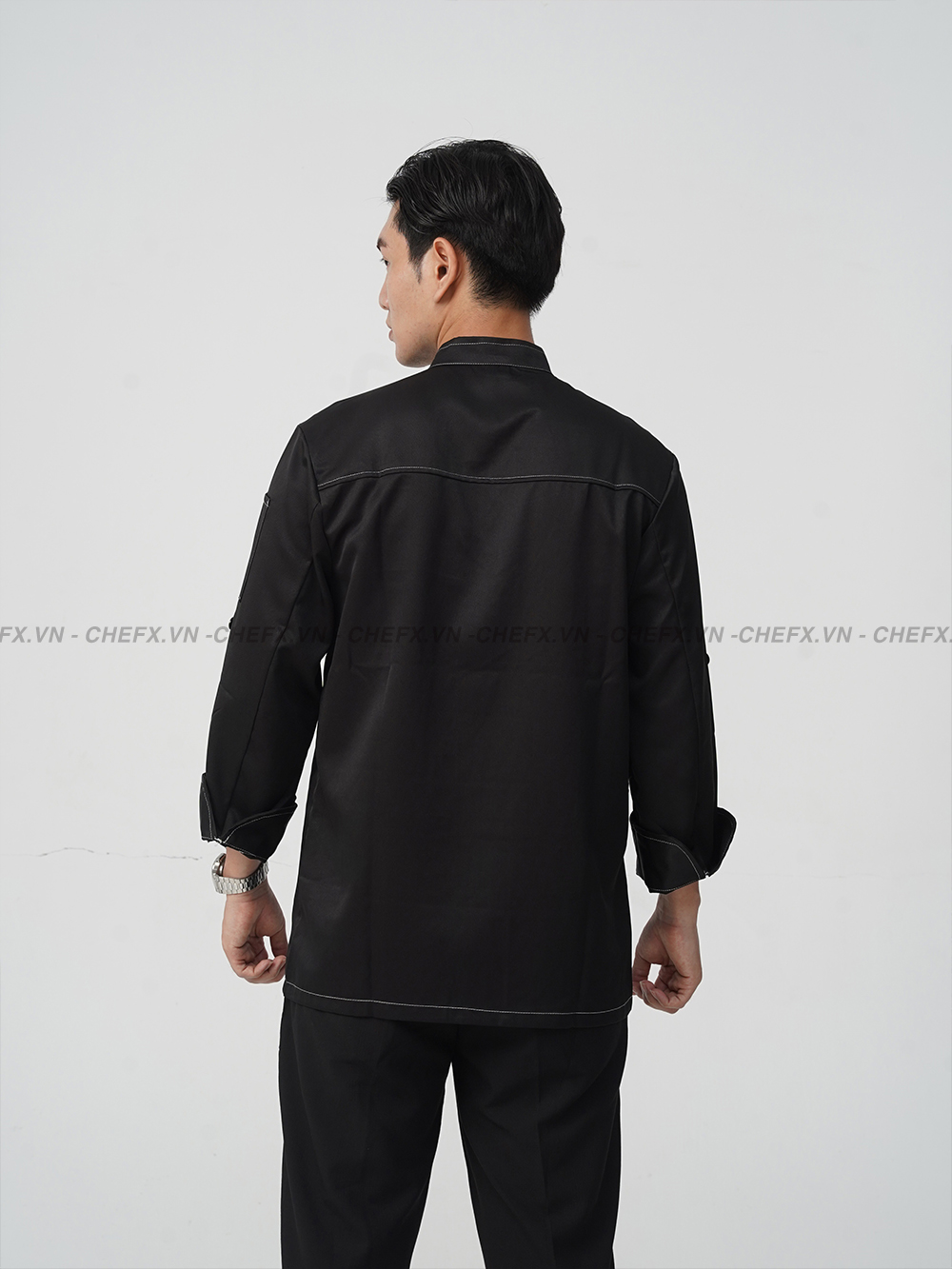 [TD02] ÁO BẾP DÀI TAY CÚC BẤM MÀU ĐEN - LONG SLEEVE CHEF JACKET TD02 WITH STAINLESS STEEL SNAP BUTTONS AND SILK KAKI FABRIC