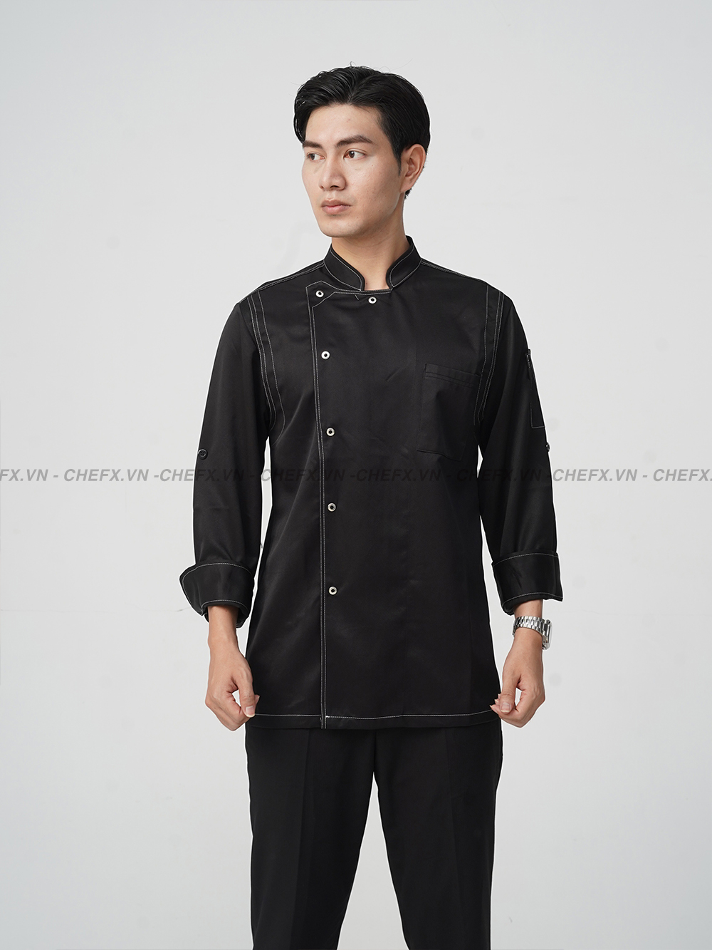 [TD02] ÁO BẾP DÀI TAY CÚC BẤM MÀU ĐEN - LONG SLEEVE CHEF JACKET TD02 WITH STAINLESS STEEL SNAP BUTTONS AND SILK KAKI FABRIC