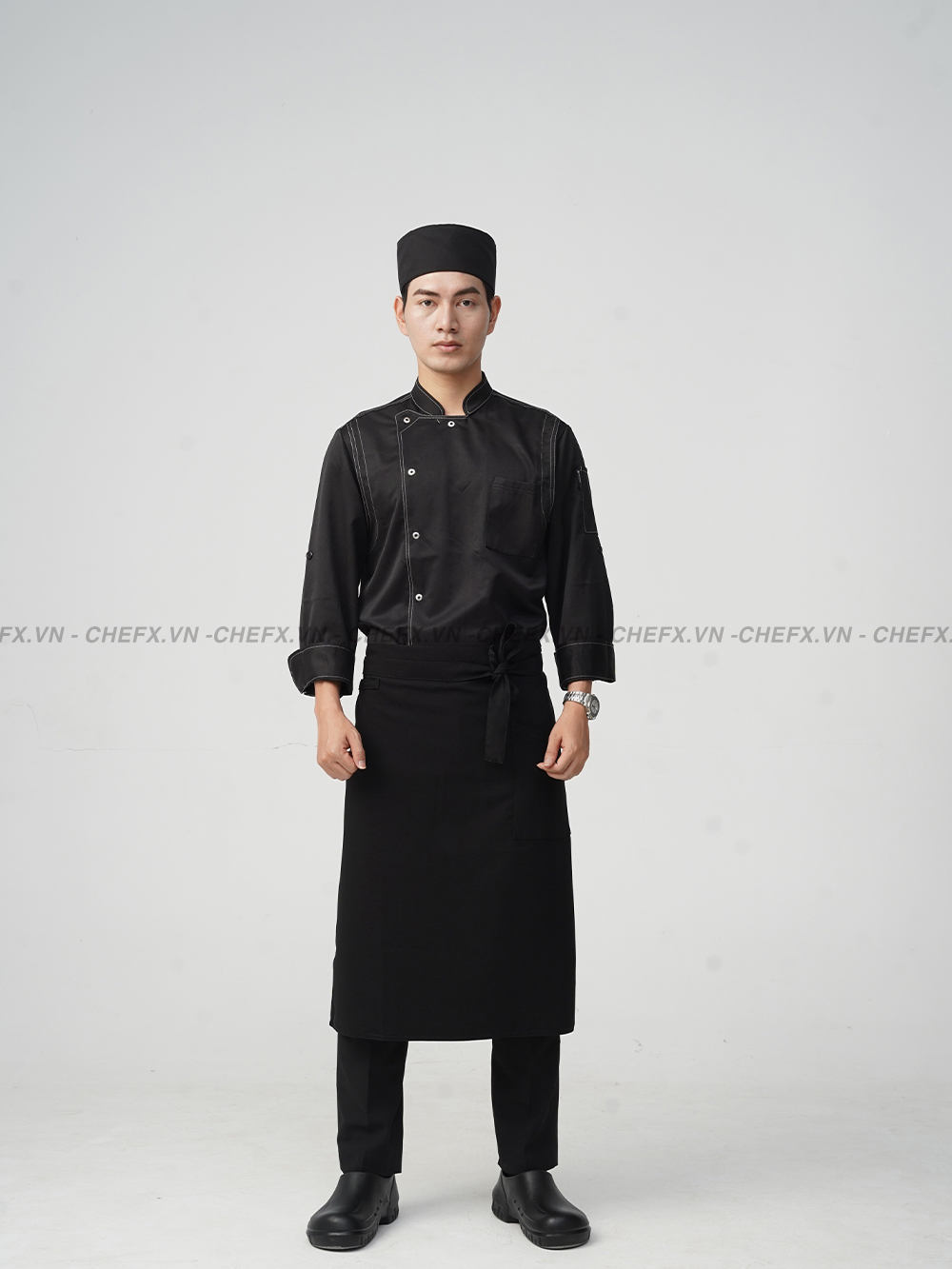 [TD02] ÁO BẾP DÀI TAY CÚC BẤM MÀU ĐEN - LONG SLEEVE CHEF JACKET TD02 WITH STAINLESS STEEL SNAP BUTTONS AND SILK KAKI FABRIC