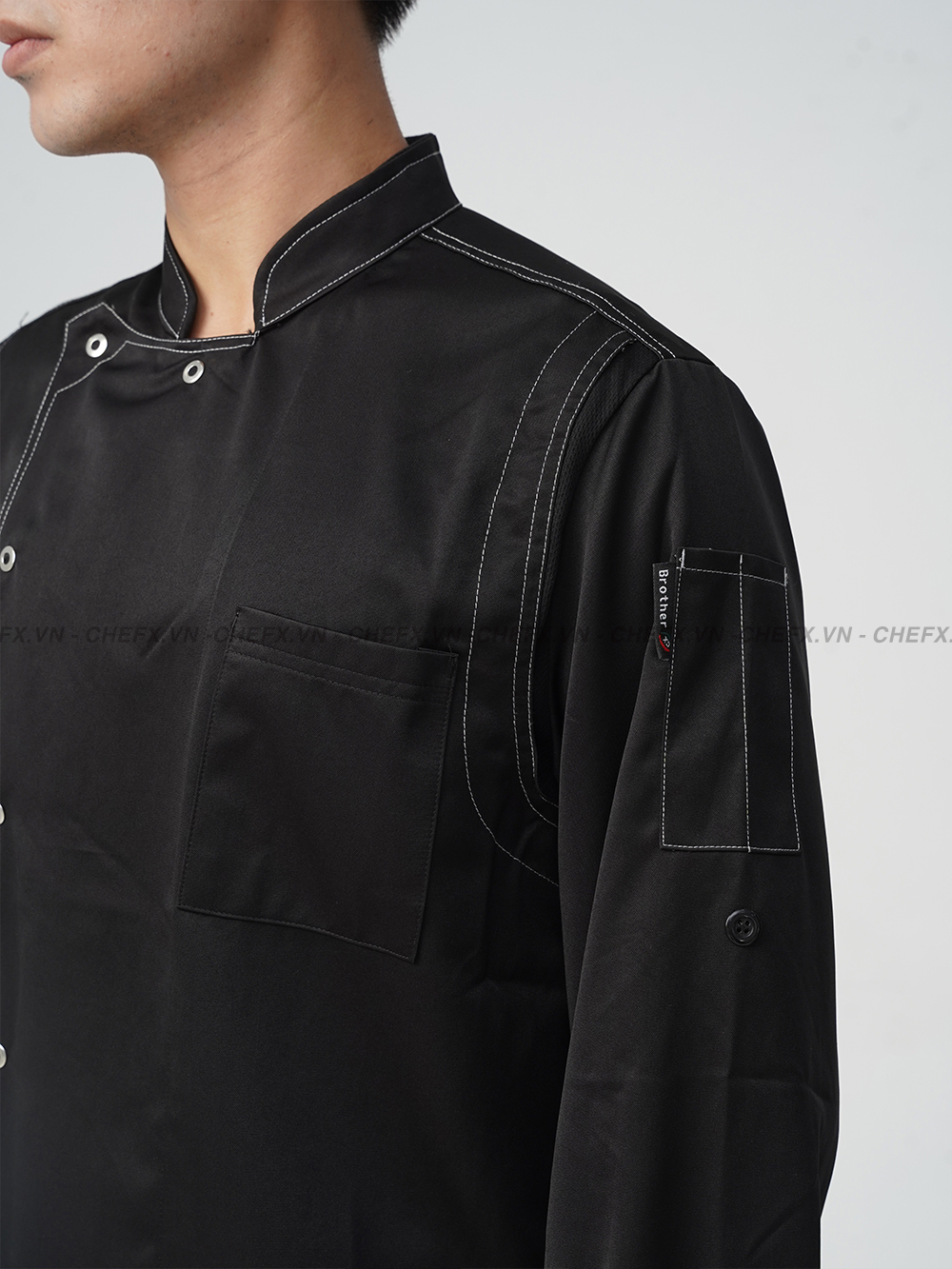 [TD02] ÁO BẾP DÀI TAY CÚC BẤM MÀU ĐEN - LONG SLEEVE CHEF JACKET TD02 WITH STAINLESS STEEL SNAP BUTTONS AND SILK KAKI FABRIC