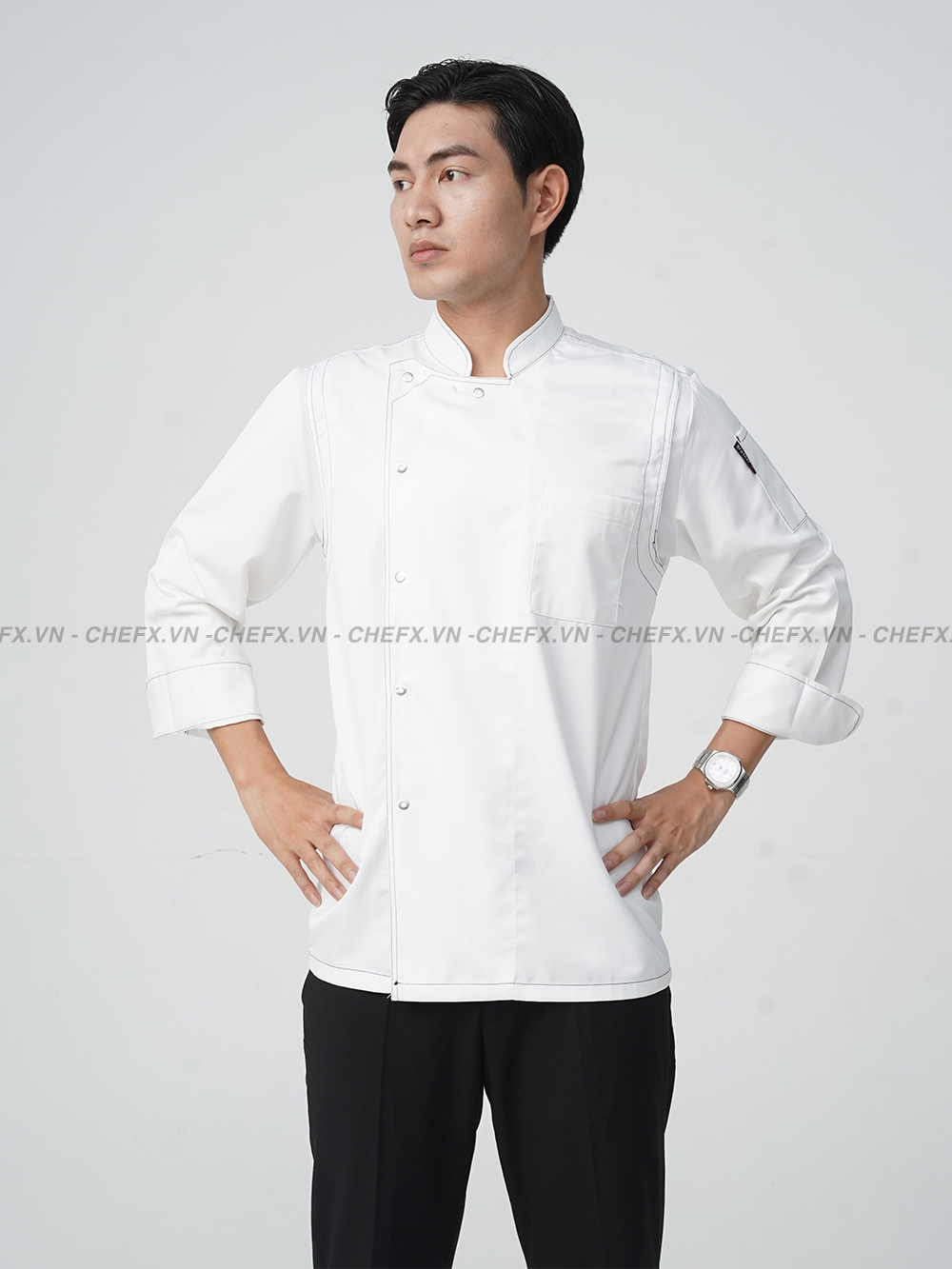 [TD02] ÁO BẾP DÀI TAY CÚC BẤM INOX VẢI KAKI LỤA - LONG SLEEVE CHEF JACKET TD02 WITH STAINLESS STEEL SNAP BUTTONS AND SILK KAKI FABRIC